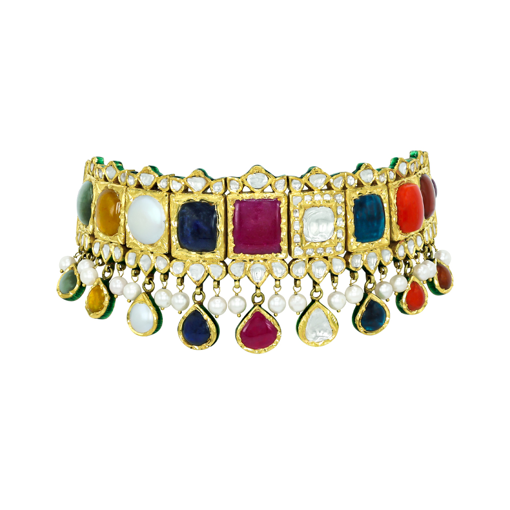 Navratan Choker with Polki and Pearl Drops